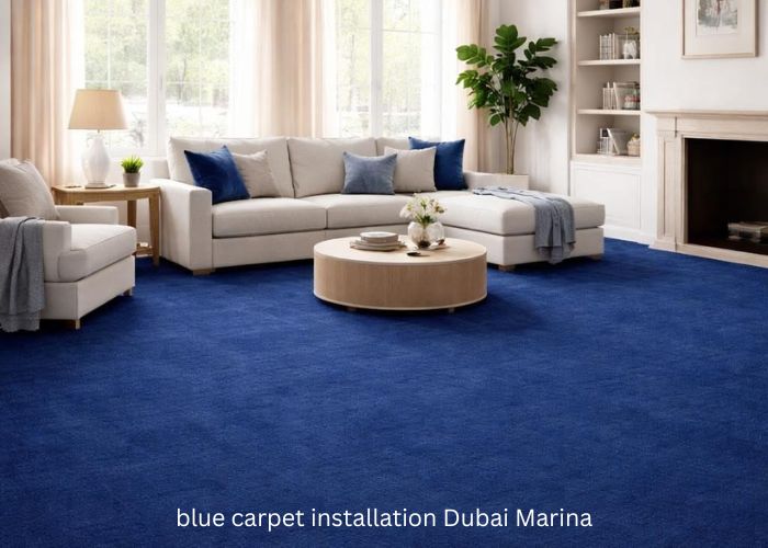 blue carpet installation Dubai Marina